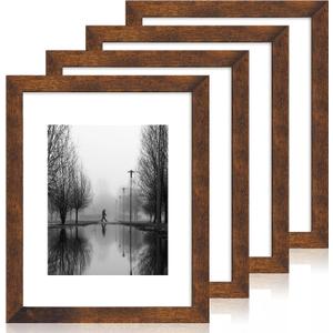 iRahmen 11x14 Picture Frame Set of 4 with Tempered Glass, Rustic Frame Display 8x10 Pictures with Mat or 11 x 14 Without Mat, Wooden Photo Frames for Wall Mounting