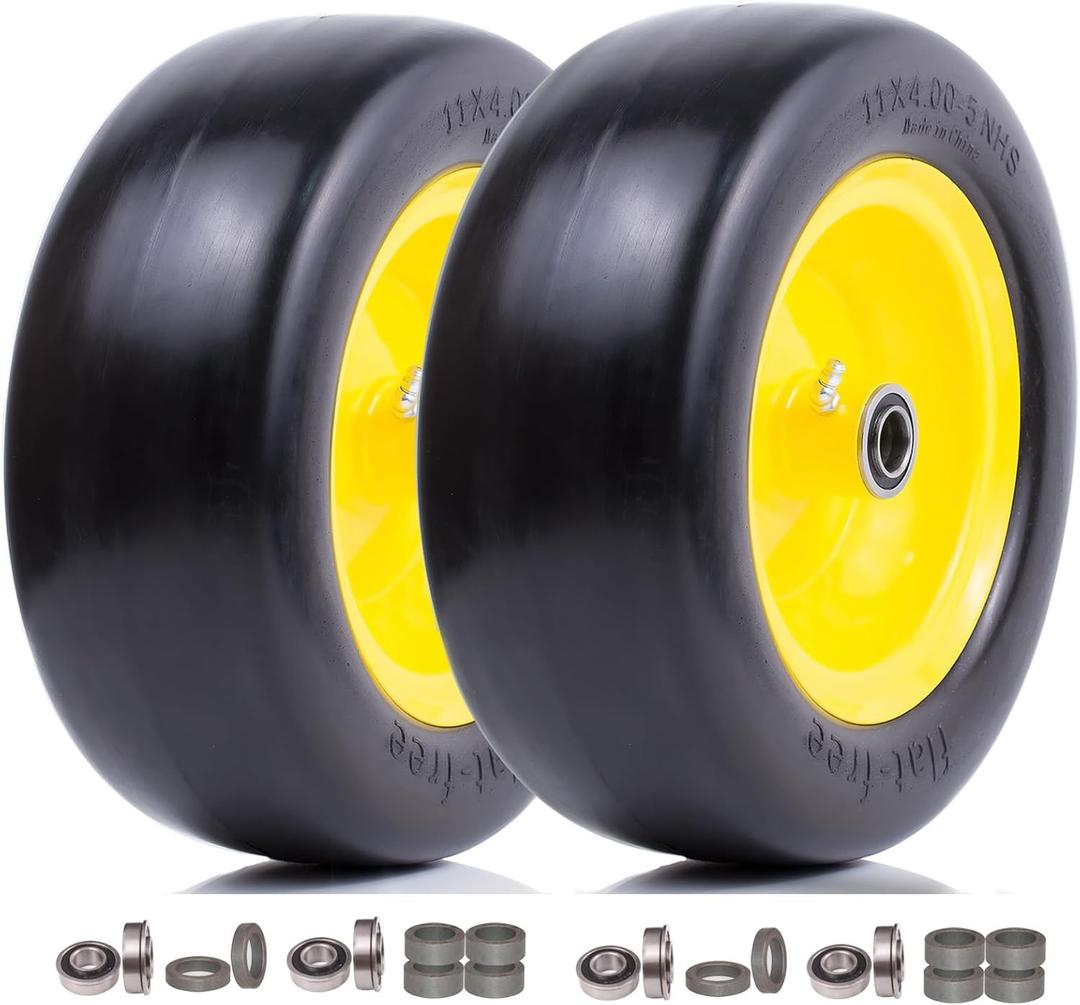 11x4.00-5 Flat Free Smooth Lawn mower Tire Assembly,with 3/4" or 5/8" & 1/2" Precision bearings, 3.4"-5.6" Centered Hub, Replacement for Front Zero-Turn Riding Lawn Mowers & Garden Tractor (2 Pack)
