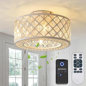 18 Inch Caged Ceiling Fans with Lights, Low Profile Ceiling Fan and Remote/APP Control Fandelier Crystal Fan Light for Bedroom Living Room Dining Room Kitchen Indoor, Including Bulb (Rustic White)