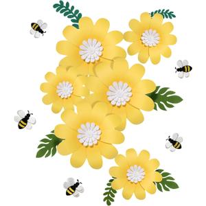 Fullhawl 19 Pcs Daisy Bee Cutout Bulletin Board Decorations 3D Daisy Paper Flower Wall Decor Bee Party Supplies 13 Flowers with Leaves 6 Cutout for Birthday Bridal Wedding Classroom Craft(Yellow)
