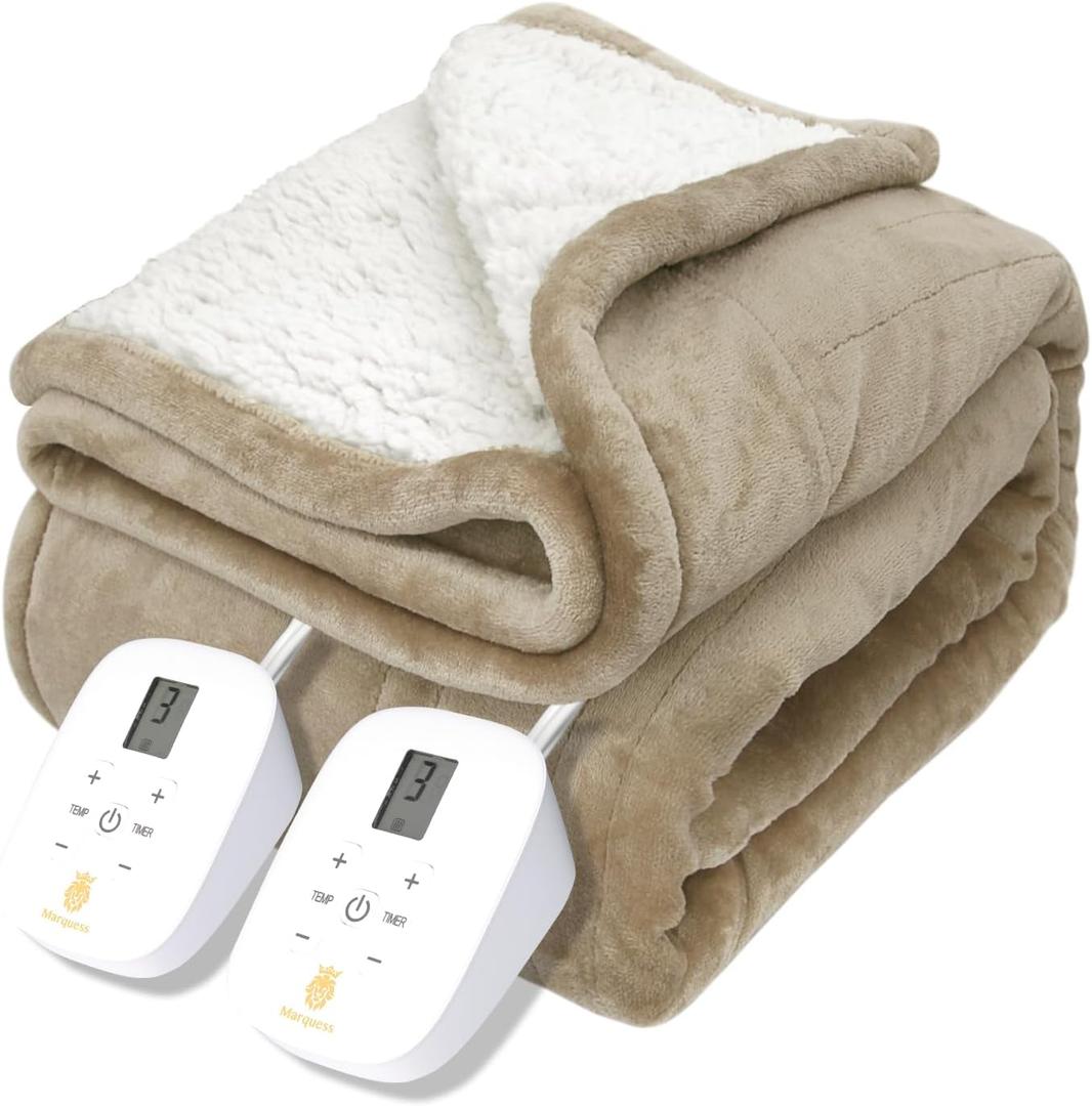 Marquess Heated Blanket Flannel Washable Queen Size Electric Blanket with 4 Heat Settings/Safety 10 Hours Auto-Off Dual Controllers (Linen, 84''90'')