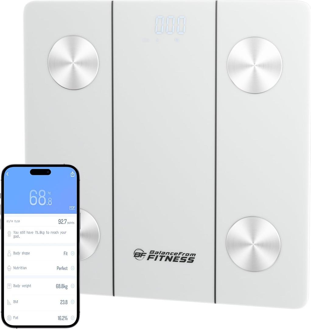 BalanceFrom Smart Scale for Body Weight Digital Bathroom Bluetooth BMI Body Fat Scale with 12 Body Composition Analyzer, Tempered Glass Weighing Scale LED Display Sync with Apps, 400lbs (White)