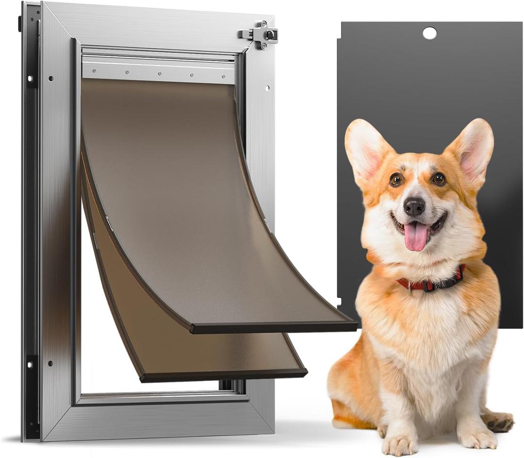 Dog Door All Aluminum Medium, Doggy Doggie Cat Door, Heavy Duty Pet Door for Install in Interior Exterior Doors or Wall, 2 Magnetic Flaps, Energy Efficient, Closing Panel for Pets Up to 45Lb
