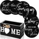 Queekay Coasters Set of 6 House Warming Gifts New Home Wooden Farmhouse Drink Coasters with Holder 4'' Funny Decoration for Kitchen Family Coffee Bar Tabletop Protection(Black)