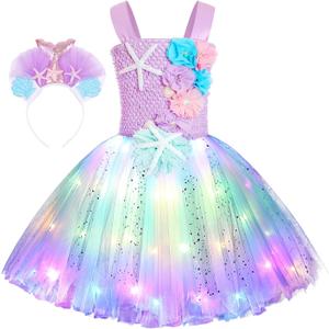 Koatobbor Girls Mermaid Costume Mermaid Tutu Dress Color Led Light Up for Halloween Birthday Party 3-8Years (5-6 Years)