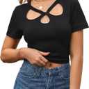 Hilinker Women Cut Out Crop Top Sexy Short Sleeve Shirts Slim Fit Casual Cropped Tees Black Large (L)