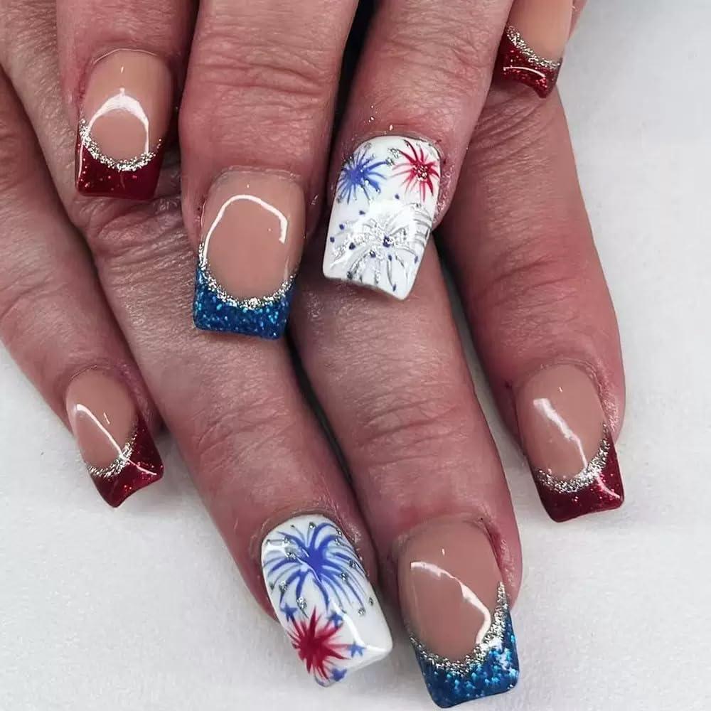 4th of July Press on Nails Short Square Fake Nails French Tip False Nails with Firework Pattern Design Glue on Nails Red Blue Stick on Nails Independence Day Acrylic Nails for Women 24Pcs