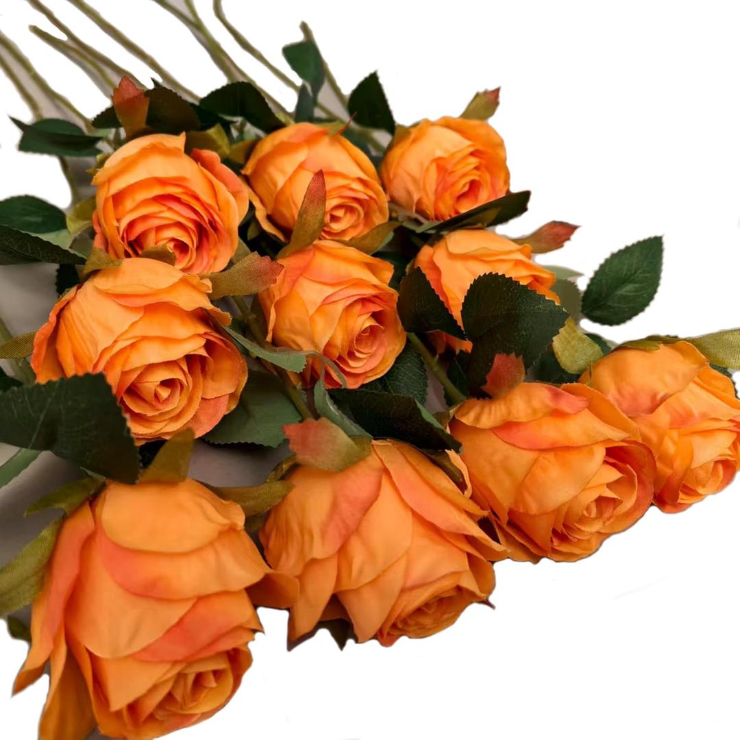 Artificial Roses 10 Pcs - Lifelike Single Stem Fake Roses with Natural Petal Texture,Fade-Resistant Silk Flowers for Wedding Decor,Home Vase Arrangements,Party Centerpieces(10, Orange)