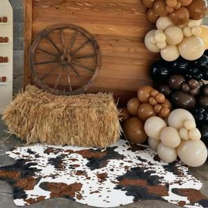 Nuanchu Western Cowboy Party Decorations Cow Print Cowhide Rug Wooden Wagon Wheel Vintage Rustic Western Party Decor for Cowboy Theme Birthday Decor, 29.53 x 43.31 inches