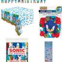 Sonic Birthday Party Supplies Bundle includes 1 Happy Birthday Banner 6.25ft Long, 1 Plastic Table Cover 54" x 84", 1 Dinosaur Sticker Sheet