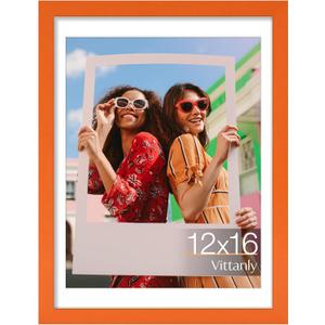 Vittanly 12x16 Picture Frame, Display Pictures 11x14 with Mat or 12x16 without Mat, Engineered Wood with Shatter Resistant Plexiglass, Poster Frame for Wall Display, Orange, 1 Pack