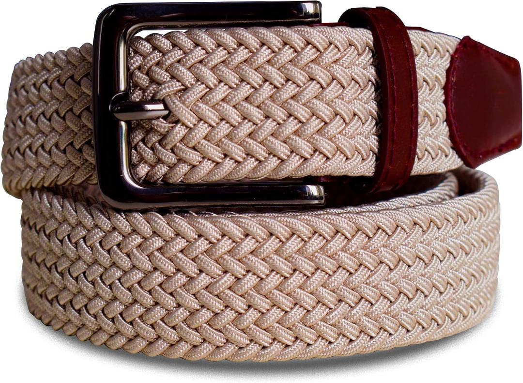 Elastic Braided Belt, 1 3/8", Woven Stretch Belt for Golf Casual Jeans Shorts Pants, Gift Box(Fits up to 50") (Beige, L(38" to 46"))