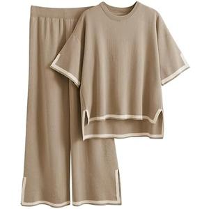 Tanming Sweater Sets Women 2 Piece Lounge Sets Short Sleeve Knit Pullover Tops Wide Leg Pants, Size: Medium