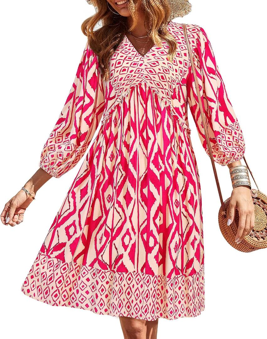 BTFBM Women Casual Spring Summer Dresses V Neck 3/4 Long Sleeve Ruffle Floral Flowy Boho Babydoll Mini Short Beach Dress (Pink, M)