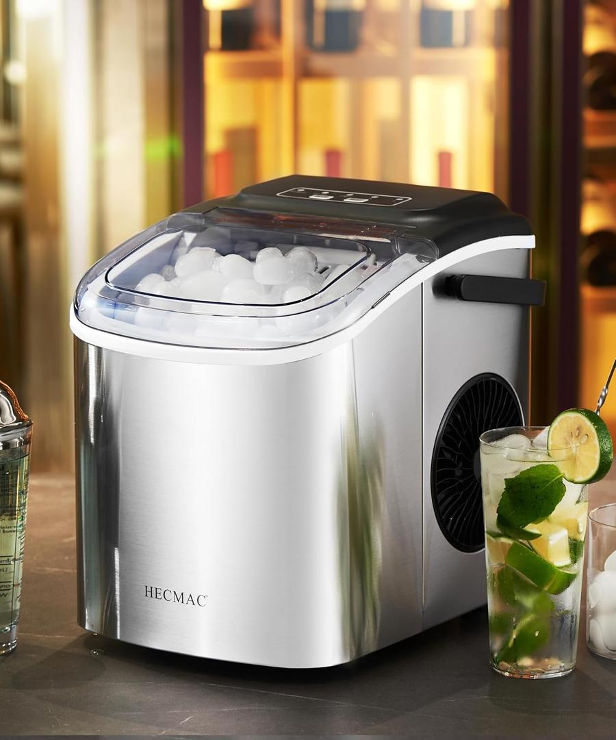 HECMAC Countertop Ice Maker, 26lbs/Day, 9 Cubes in 6 Mins, Self-Cleaning Machine with Basket & Scoop, 2 Bullet Ice Sizes for Home, Kitchen, Office, Bar, Party - Stainless Steel