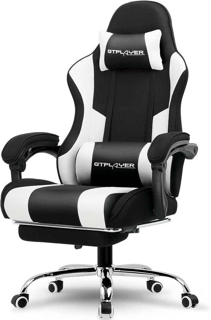 GTPLAYER Gaming Chair, Computer Chair with Footrest and Lumbar Support, Height Adjustable Game Chair with 360-Swivel Seat and Headrest and for Office or Gaming (Fabric, Black White), Seat Size: 19.68 x 20.47 inches