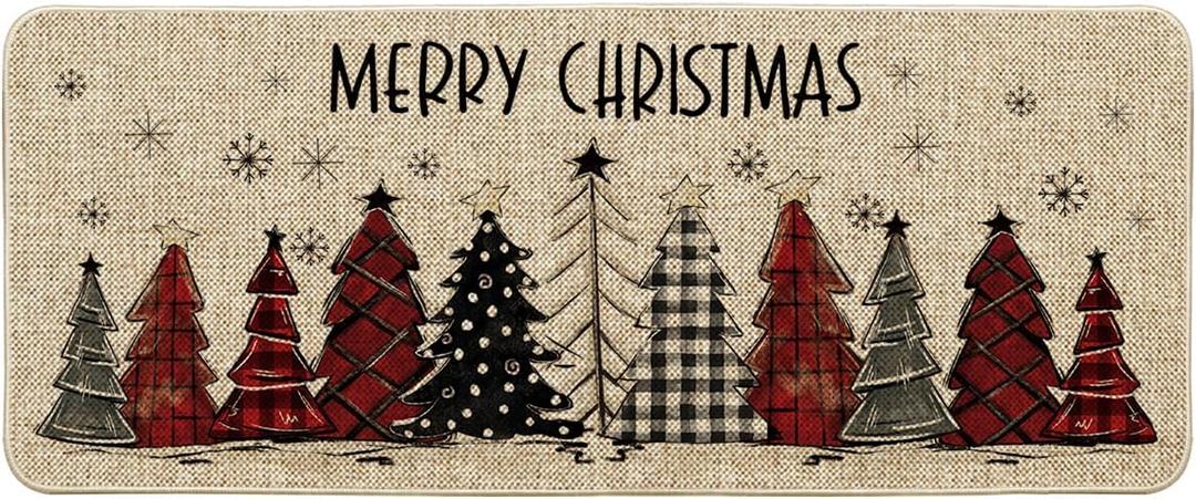 Artoid Mode Xmas Trees Snowflakes Merry Christmas Doormat, Winter Home Decor Low-Profile Runner Rug Door Mat Floor Mat for Indoor Outdoor 24x59 Inch (Beige)