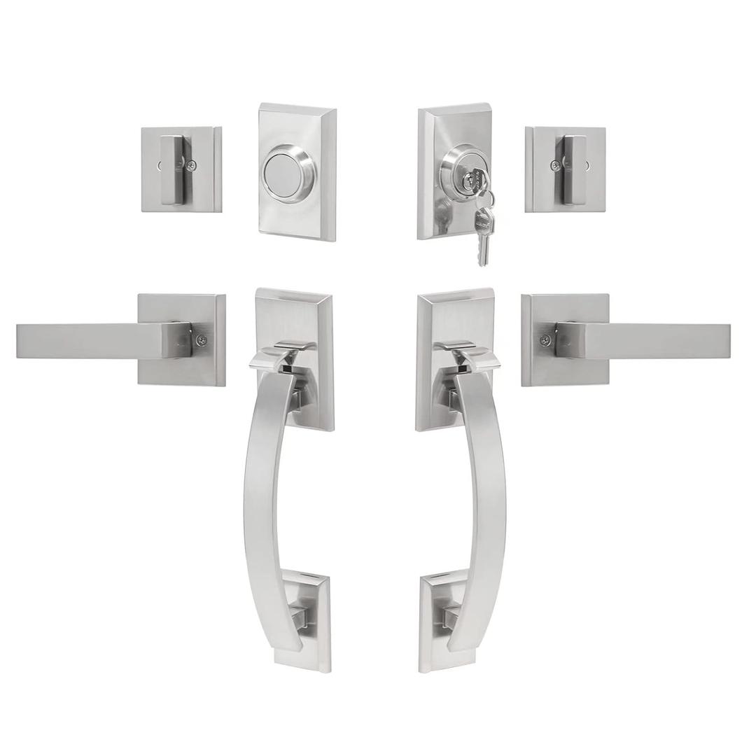 NeuType Front Door Handle Set Double Door Handle Set with Dummy Heavy Duty Double Door Lock Set, with Single Cylinder Deadbolt and Lever Handle, Compatible with Right & Left Handed Doors, Satin Nickel