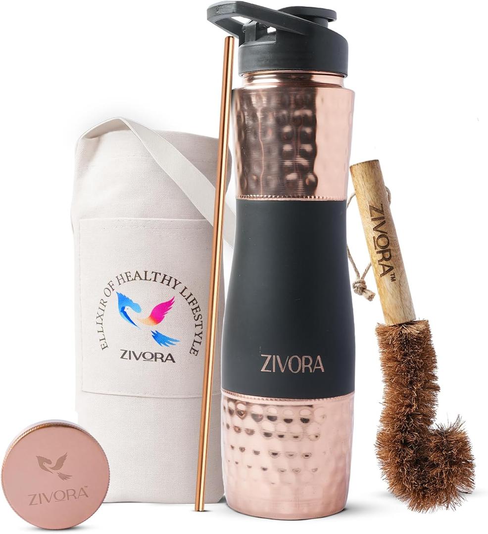 100% Pure Copper Water Bottle - 34oz water bottle for Drinking with Sipper & Traditional Cap, Copper Straw, Canvas Bag & Cleaning Brush/Modern Lifestyle with Ayurvedic Benefits.