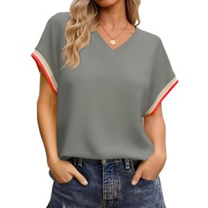 Tankaneo Womens V Neck Oversized Tops Short Sleeve Color Block Tee Shirts | Summer Casual Tops, Loose Fit T Shirts, Baggy Shirt, Half Sleeve (L)