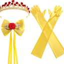 3 Pcs Princess Rose Crown Tiara Hair Bow Yellow Gloves Women Dress Up Party Costume Accessories