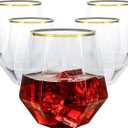 Goodluck 40 PCS Diamond Stemless Plastic Wine Whiskey Glasses, 12 Oz Disposable Cocktail Glasses, Suitable for Weddings, Birthday Parties, Family Gatherings, Bars, etc （Gold rimmed cups）