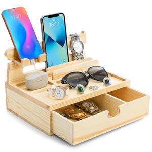 Yopay Wooden Phone Docking Stations for Men, Bed Side Table Organizer with Drawer Christmas Gifts for Men Women Husband Son Boyfriend Him for Tablet, Cellphone, Watch, Headphone