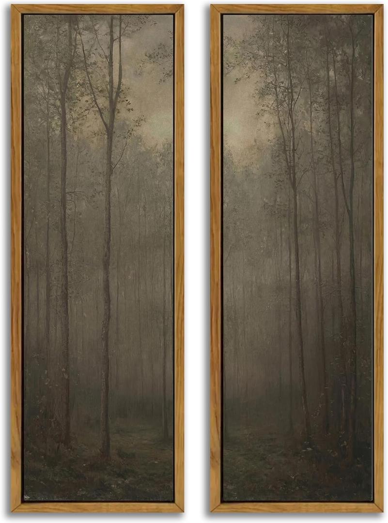 Framed Misty Forest Wall Art,Muted Dark Vintage Foggy Tree Landscape Prints, 24"Lx8"W