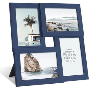 4x6 Collage Picture Frame with Real Glass, 4 Opening Wooden Photo Collage Frame with Stand, Family Multi Picture Frame for Wall or Tabletop Display, 4 Photo Gallery Frame for Home Decor, Navy Blue