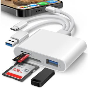 SD Card Reader for iPhone iPad Mac, Lightening & USB-C & USB-A 3 in 1 Memory SD Card Adapter, Support SD/ MicroSD/ USB OTG, High-Speed Trail Camera Card Viewer, Portable No App Plug & Play