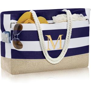 YOOLIFE Large Initial Beach Bag Waterproof Tote Zipper Bag Personalized Gifts for Women Her Birthday Travel Beach Essential (Dark Blue), Medium