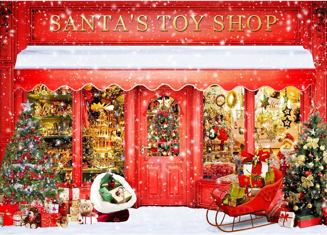 Red Christmas Backdrop for Photography Santa's Toy Shop in Snowy Scene Photo Backdrop Christmas Holiday Xmas Family Holiday Party Decorations Photo Background Booth Video Studio Props 7x5ft
