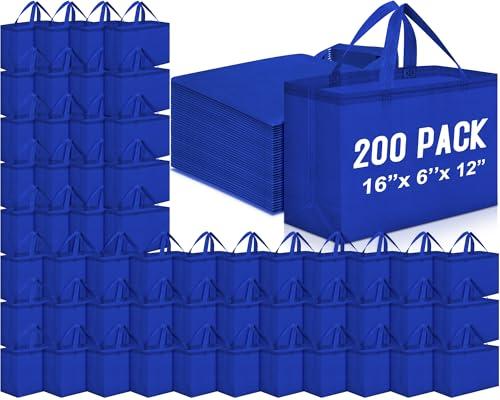 Windyun Reusable Grocery Bags Large Non Woven Shopping Bags with Handles Foldable Portable Tote, 16x6x12 Inch(Royal Blue, 200 Pcs)