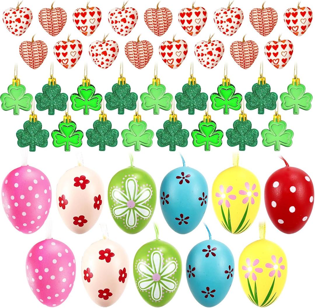 36 Pieces Valentine's Day Heart & St Patrick's Day Shamrock & Easter Egg Ornaments Adorable Heart Shaped Baubles, Clover Baubles & Hanging Egg Decorations for The Perfect Holiday Party