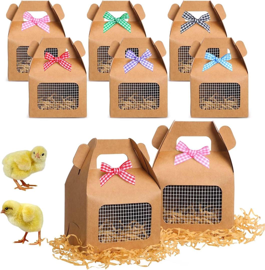 Maitys 12 Pcs Easter Chicken Party Favor Boxes Easter Foldable Chicken Box with Raffia Grass Bowknot Paper Straw Farm Animal Gift Treat Goodie Boxes Decor for Adopt Chick Party Birthday (Classic Style)