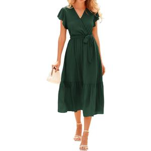 BTFBM Women Summer Bohemian Floral Casual Wrap V Neck Ruffle Cap Sleeveless Belt A-Line Pleated Hem Midi Sun Dress White (Green, L)