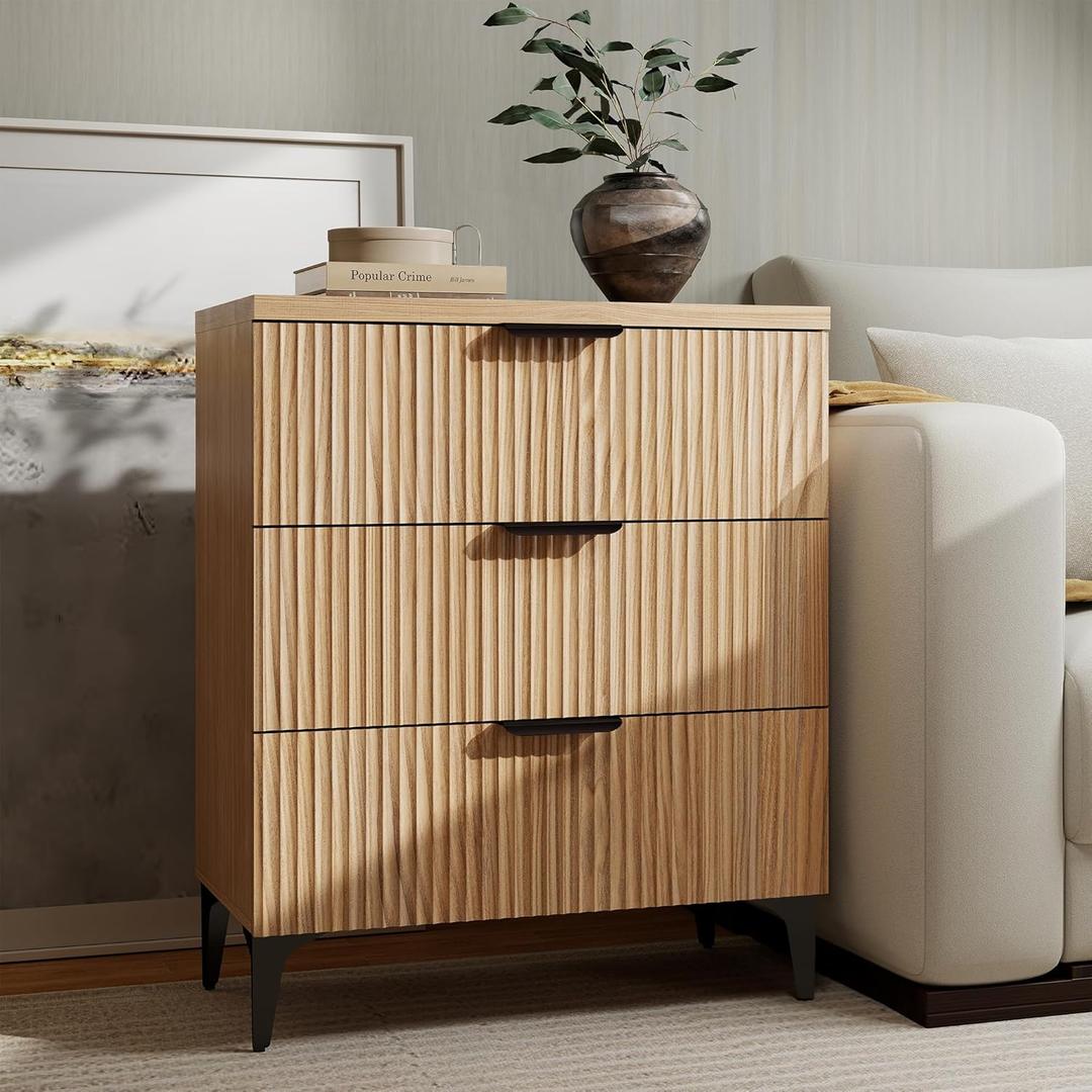 Wood Night Stand Fluted Dresser for Bedroom 3 Drawers End Tables Nightstand, Storage Modern Side Table Natural Wood Bedside Table