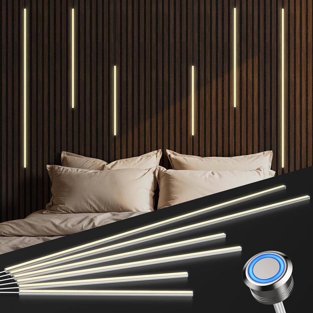 LED Recessed Lighting for Slat Wall Panels - 6PCS Self-Adhesive Dimmable LED Light Strips, 3000K Warm White with Touch Control, for Wood Wall Panels, Stairs, Headboard, Under Cabinet Decor