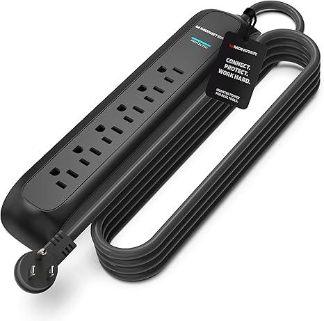 Monster Power Surge Protector w/ 1200 Joule Rating — Heavy Duty 6 FT Surge Protector Power Strip w/ 6 120V Outlets, 2 USB-A Ports — Fireproof MOV, Dual Mode, Clean Tech for Home & Office (Black)