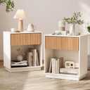 Fluted Nightstands Set of 2, Modern Bedside Table with Drawer and Storage Shelf, Wood End Table Mid Century Night Stands for Bedroom Living Room Sofa Couch Office (White+Oak)