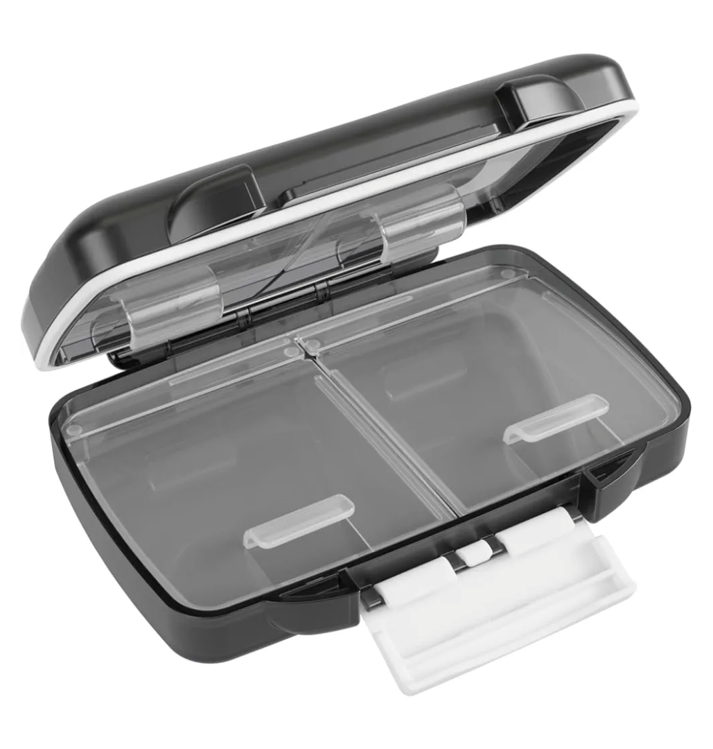 EZY DOSE Moisture-Proof Pill Case, Medicine Planner, Vitamin Organizer Box, Travel-Friendly, Latch-Closure to Secure Contents, 4 Individual Compartments of Multiple Sizes with Tight Seal, Small, Black