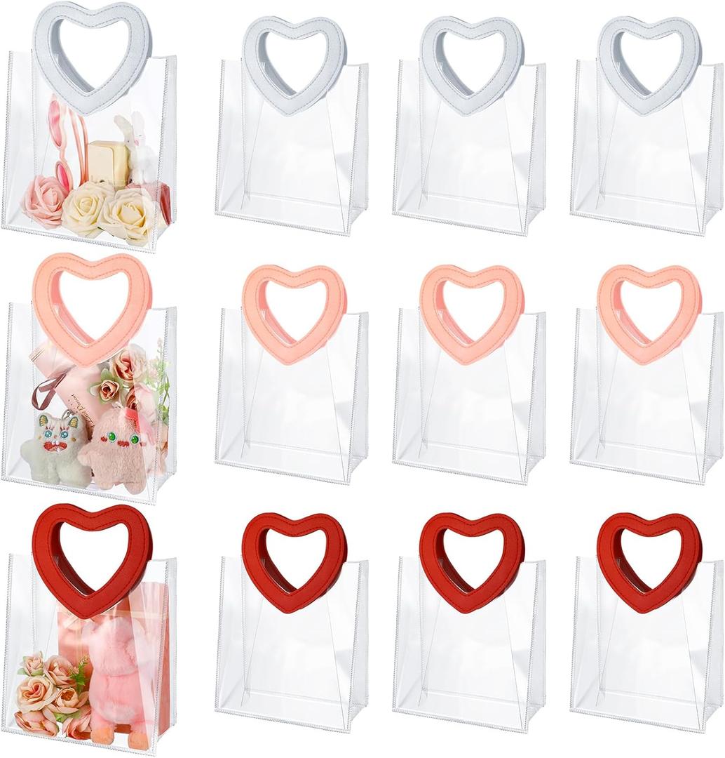 Locmeo 12 Pcs Valentine's Day Clear Plastic Gift Bags with Handle, 8 x 7 x 4 Inch Reusable Transparent PVC Gift Wrap Bags Bulk for Valentine Wedding Bridal Baby Shower Party Favors