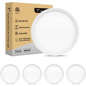 Flush Mount LED Ceiling Light - Ultra Slim 0.67in, 7 Inch Round Flat Ceiling Lamps Dimmable, 2700K/3000K/3500K/4000K/5000K Selectable LED Lights for Bathroom, Basement, 7 Inch 4Pack White