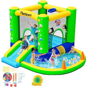 FBSPORT Inflatable Bounce House, Kids Bounce Castle Slide for Indoor Outdoor,Toddler Baby Jumper Bouncer, Kids Jumping Bouncy House with Blower, Ball Pit Pool, Basketball Hoop, Dart Game, Green, 9.33 ft L x 8.33 ft W x 5.42 ft H