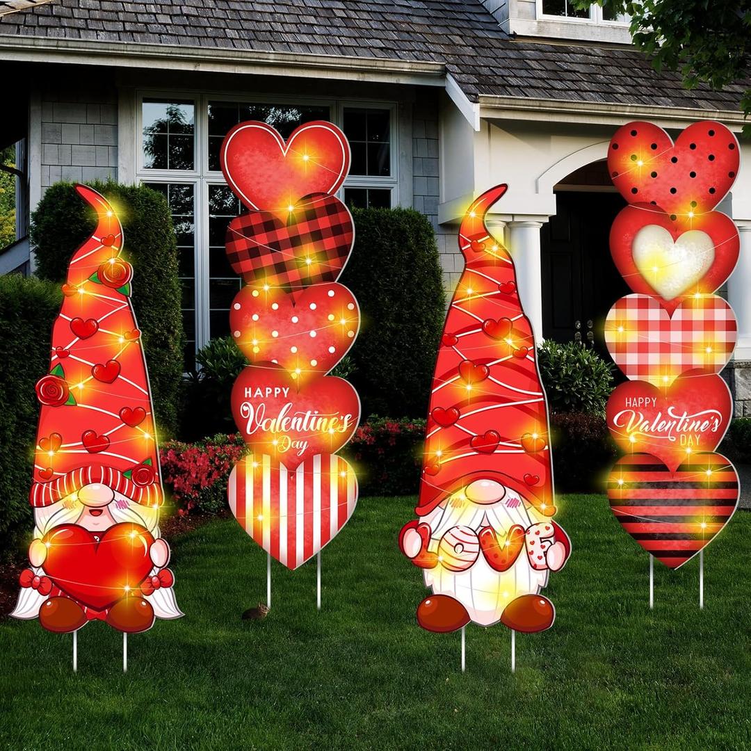 4 Pack Large Valentines Day Decorations Outdoor Valentine's Day Yard Stakes Signs LED Lighted Gnome Heart Outdoor Decorations with Stakes Yard Decor with 9.84 ft String Light for Garden Party