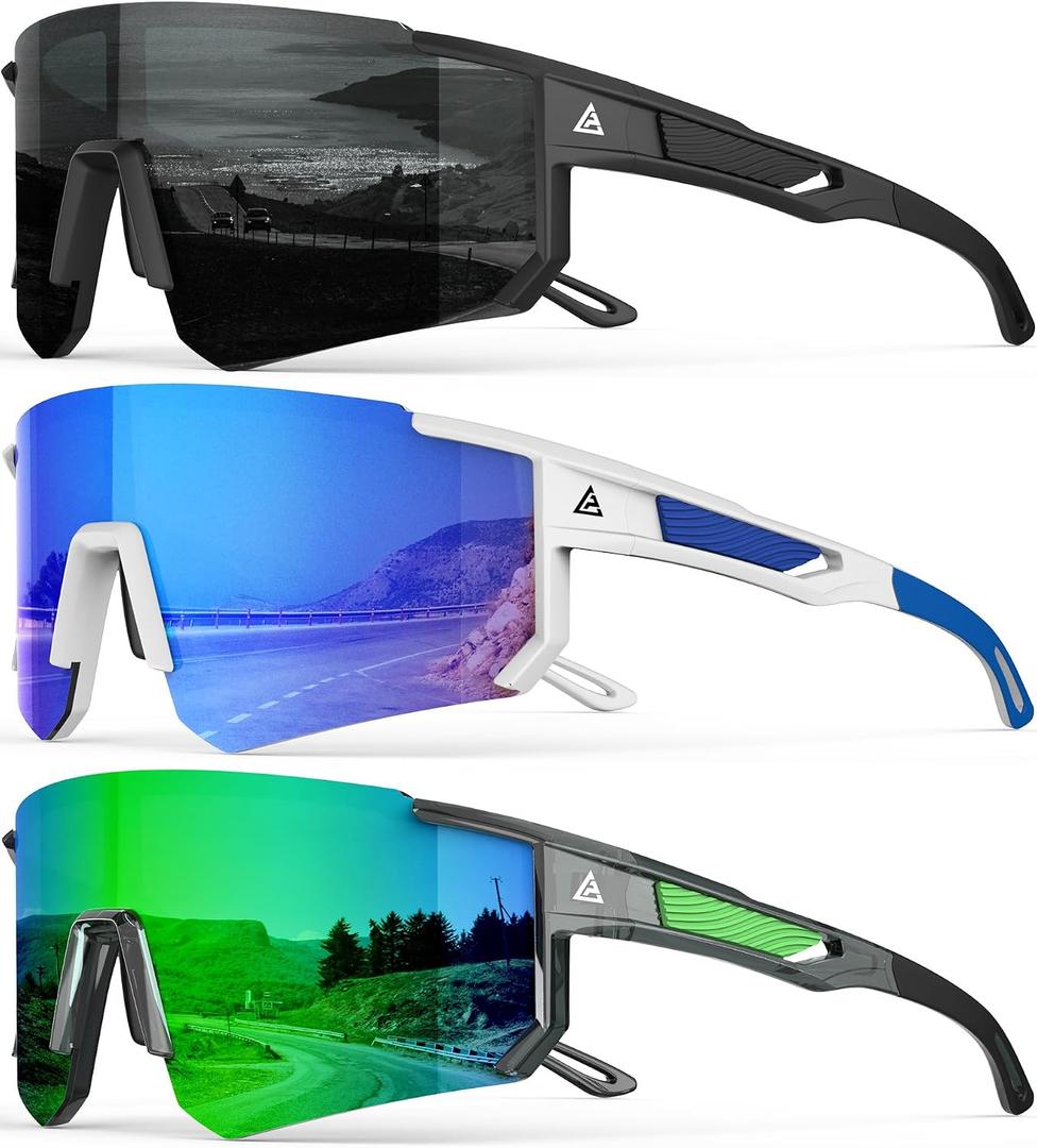 Polarized Sports Sunglasses for Men Women, UV400 Protection Mens Sunglasses Wrap Around Sun Glasses for Cycling Running, A02-matte Black/Matte White Blue/Crystal Green