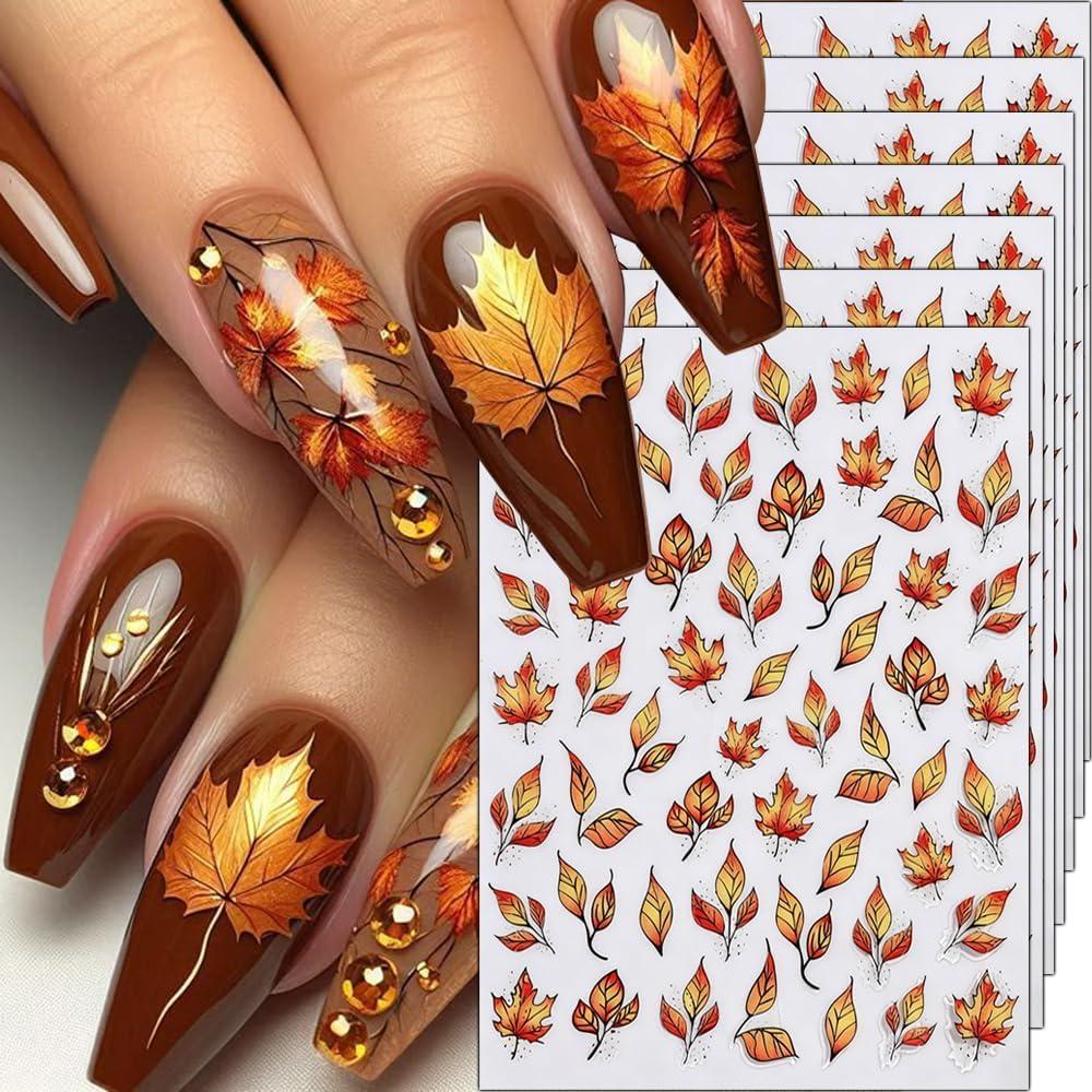 3 x 7Pcs Fall Nail Art Stickers - Glitter Yellow Maple Leaves Gel Sticker for Autumn 3D Decoration - Bling Gold Decals With Tree Leaf Designs - DIY Art Decoration