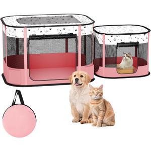 Portable Cat Playpen, 8-Rod Reinforced Kitten Dog Playpens, Foldable Play Pen for Indoor Cats Enclosed Pet Puppy Doggy Outdoor, Collapsible Tent Kennel Cage, Pink