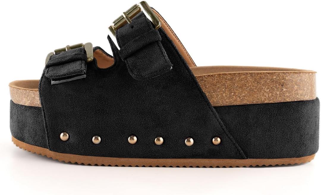 heelchic Platform Sandals Women, Chunky Platform Wedges with Arch Support, Big Buckle Casual Open Toe Slide Sandals (8, 183a/Black)