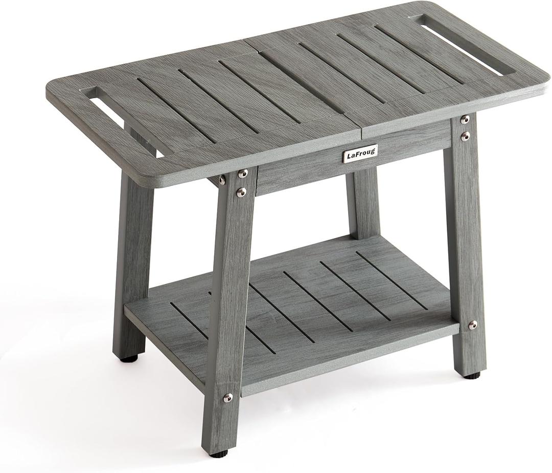 Large Shower Bench, Heavy Duty HDPS Shower Stool for Inside Shower, 2 Tier Shower Chair Seat with Shelf for Bath, Waterproof Shower Foot Rest for Shaving Legs with Adjustable Feet, Gray (Oil-printed Gray)